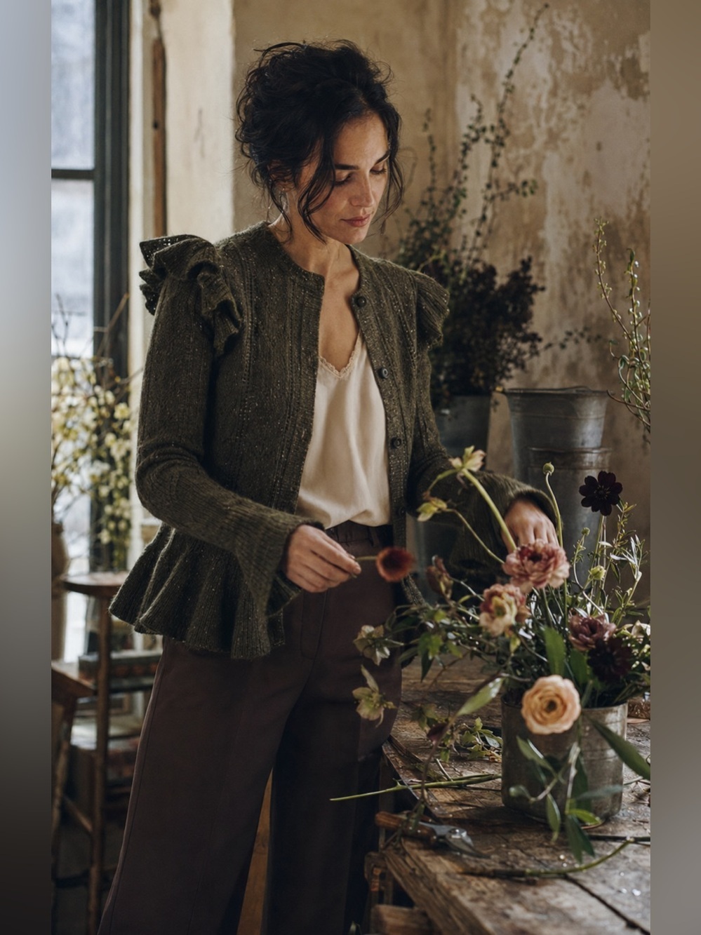 Ulla Johnson Cashmere Cardigan Ruffle Peplum Olive Boho Cozy Feminine Organic - Picture 9 of 9